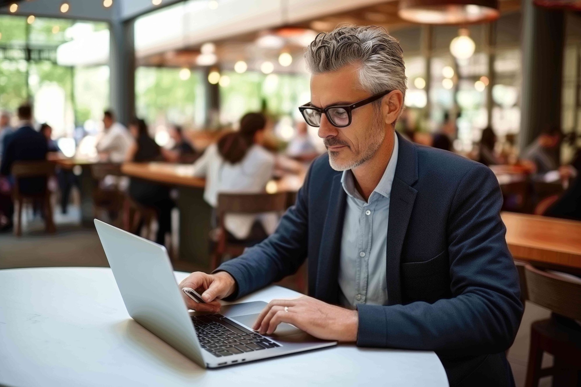 man working from a coffee shop on a laptop